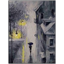 Tablo Dekor Sarı Sokak Lambalarının Altında Yürüyen Şemsiyeli Insan Yağlı Boya Dokulu Tablo