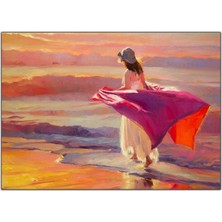 Tablo Dekor Sahilde Yürüyen Beyaz Elbiseli Kadın Yağlı Boya Dokulu Tablo