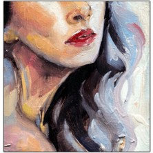 Tablo Dekor Kahverengi Saçlı Kırmızı Dudaklı Kadın Yağlı Boya Dokulu Tablo