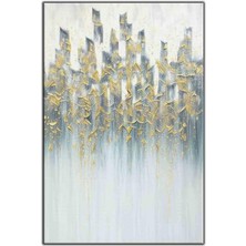 Tablo Dekor Soyut Şehir Silüeti ve Altın Dokunuşlar Yağlı Boya Dokulu Tablo