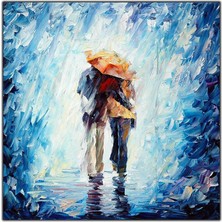 Tablo Dekor Yağmur Altında Sarılan Çift Yağlı Boya Dokulu Tablo