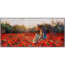 Tablo Dekor Kırmızı Gelincik Tarlasındaki Mavi Elbiseli Kadın Yoğun Yağlı Boya Dokulu Tablo