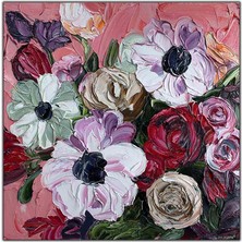 Tablo Dekor Kırmızı Yeşil ve Mor Çiçekler Yağlı Boya Dokulu Tablo