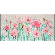 Tablo Dekor Soyut Turkuaz Çizgiler ve Pembe Çiçekler Orijinal Yağlı Boya Tablo