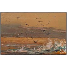 Tablo Dekor Dalgaların Üstünde Uçan Martılar Yağlı Boya Dokulu Tablo