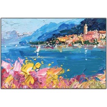 Tablo Dekor Çiçeklerin Ardındaki Evler Yağlı Boya Dokulu Tablo