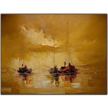 Tablo Dekor Soyut Yelkenli Gemiler ve Martılar Orijinal Yağlı Boya Tablo