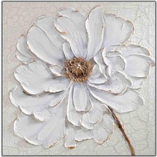 Tablo Dekor Altın Desenli Beyaz Çiçek Yoğun Yağlı Boya Dokulu Tablo