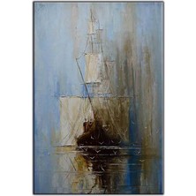 Tablo Dekor Beyaz Yelkenli Gemi Yağlı Boya Dokulu Tablo