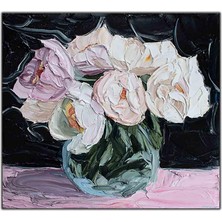 Tablo Dekor Vazodaki Beyaz Güller Yağlı Boya Dokulu Tablo