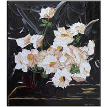 Tablo Dekor Beyaz Papatyalar Yağlı Boya Dokulu Tablo