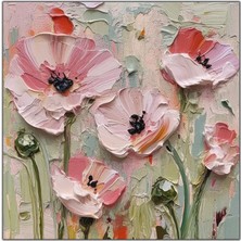 Tablo Dekor Pembe Çiçekler Yağlı Boya Dokulu Tablo