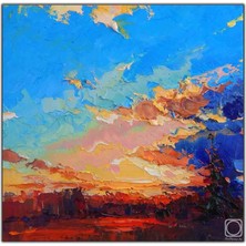 Tablo Dekor Mavi Gökyüzü ve Kırmızı Çalılar Yağlı Boya Dokulu Tablo