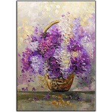 Tablo Dekor Sepetteki Mor Çiçekler Yoğun Yağlı Boya Dokulu Tablo