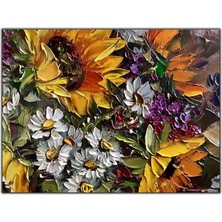 Tablo Dekor Beyaz Papatya ve Ayçiçekleri Yoğun Yağlı Boya Dokulu Tablo