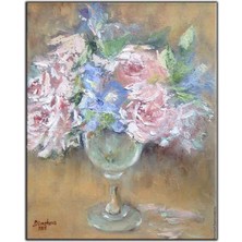 Tablo Dekor Cam Kadehteki Çiçekler Yağlı Boya Dokulu Tablo