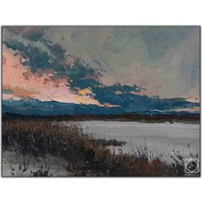 Tablo Dekor Gri Gökyüzü ve Nehir Yağlı Boya Dokulu Tablo