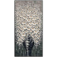 Tablo Dekor Beyaz Yapraklı Çiçekler Yoğun Yağlı Boya Dokulu Tablo