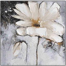 Tablo Dekor Beyaz Yapraklı Papatya Yoğun Yağlı Boya Dokulu Tablo