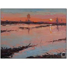 Tablo Dekor Nehire Yansıyan Gün Batımı Yağlı Boya Dokulu Tablo