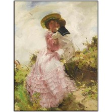 Tablo Dekor Pembe Elbiseli ve Şapkalı Kadın Yağlı Boya Dokulu Tablo