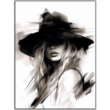 Tablo Dekor Siyah Şapkalı Kadın Yağlı Boya Dokulu Tablo