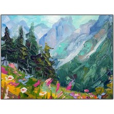 Tablo Dekor Dağın Eteklerindeki Pembe ve Beyaz Çiçekler Yağlı Boya Dokulu Tablo