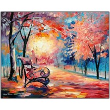 Tablo Dekor Pembe Yapraklı Ağaçların Altındaki Bank Yağlı Boya Dokulu Tablo