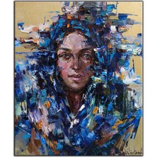 Tablo Dekor Mavi Spatula Izleriyle Birlikte Kadın Portresi Yağlı Boya Dokulu Tablo