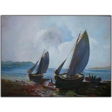 Tablo Dekor Kıyıya Çekilmiş Yelkenliler Yağlı Boya Dokulu Tablo
