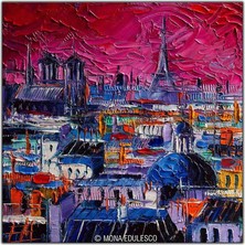 Tablo Dekor Pembe Gökyüzünün Altındaki Paris Sokakları Yağlı Boya Dokulu Tablo