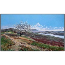 Tablo Dekor Beyaz Yapraklı Ağaç ve Irmak Yağlı Boya Dokulu Tablo