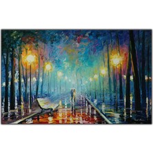 Tablo Dekor Sokak Lambalarının Altında Yürüyen Çift Yağlı Boya Dokulu Tablo