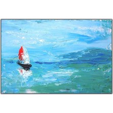 Tablo Dekor Açık Denizdeki Kırmızı ve Beyaz Renkli Yenkenli Gemi Yağlı Boya Dokulu Tablo