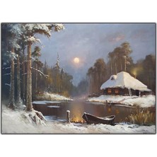 Tablo Dekor Gece Yarısı Orman ve Ev Orijinal Yağlı Boya Tablo