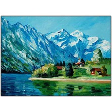 Tablo Dekor Nehir Kenarındaki Köy Orijinal Yağlı Boya Tablo