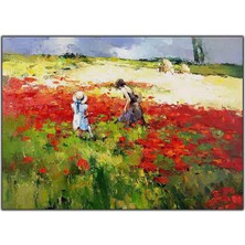 Tablo Dekor Anne Kız ve Kırmızı Çiçekler Orijinal Yağlı Boya Tablo