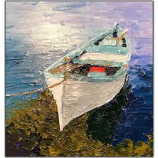 Tablo Dekor Kıyıya Bağlanmış Beyaz Tekne Yağlı Boya Dokulu Tablo