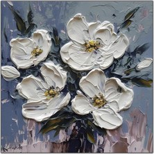 Tablo Dekor Beyaz Çiçekler Yağlı Boya Dokulu Tablo