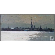 Tablo Dekor Beyaz Deniz ve Karanlık Şehir Yağlı Boya Dokulu Tablo