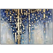 Tablo Dekor Soyut Mavi ve Altın Noktalar Yağlı Boya Dokulu Tablo