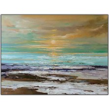 Tablo Dekor Günbatımında Mavi Deniz ve Kumsal Yağlı Boya Dokulu Tablo