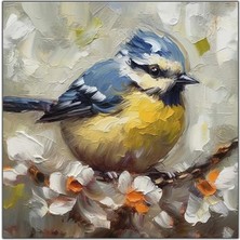 Tablo Dekor Beyaz Çiçekli Dala Konan Kanarya Yağlı Boya Dokulu Tablo