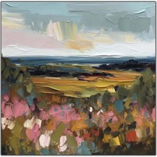 Tablo Dekor Pembe Çiçeklerin Arkasındaki Manzara Yağlı Boya Dokulu Tablo