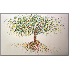 Tablo Dekor Spatula Izleriyle Uzun Köklü Renkli Yapraklı Ağaç Yağlı Boya Dokulu Tablo