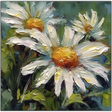 Tablo Dekor Beyaz Papatyalar Yağlı Boya Dokulu Tablo