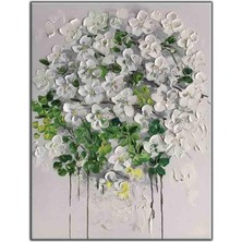 Tablo Dekor Beyaz ve Yeşil Çiçekler Yoğun Yağlı Boya Dokulu Tablo