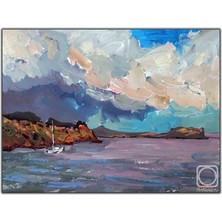 Tablo Dekor Bulutlu Gökyüzünün Altındaki Mavi Deniz Yağlı Boya Dokulu Tablo