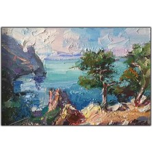 Tablo Dekor Yeşil Ağaçlar ve Deniz Manzarası Yağlı Boya Dokulu Tablo