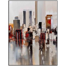 Tablo Dekor Soyut Kırmızı Asma Köprü ve Şehir Yağlı Boya Dokulu Tablo